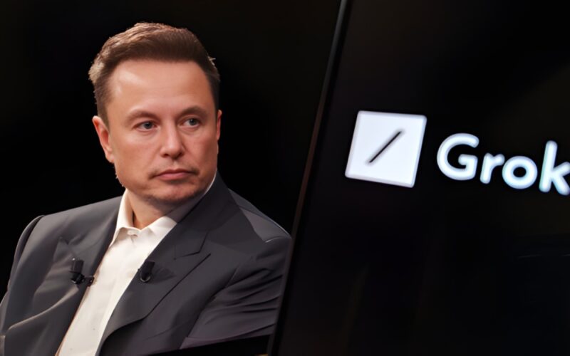 Ekon Musk with logo of Grok
