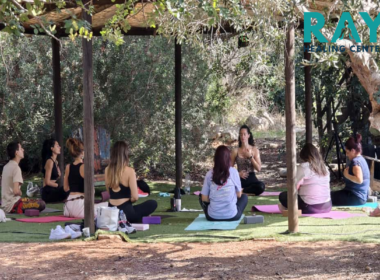 people sitting on mats amongst trees