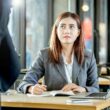 An employee looks apprehensive in an office