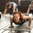 A woman grimacing in an exercise class