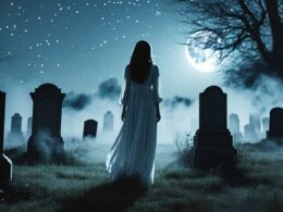 A ghostly girl figure in a graveyard